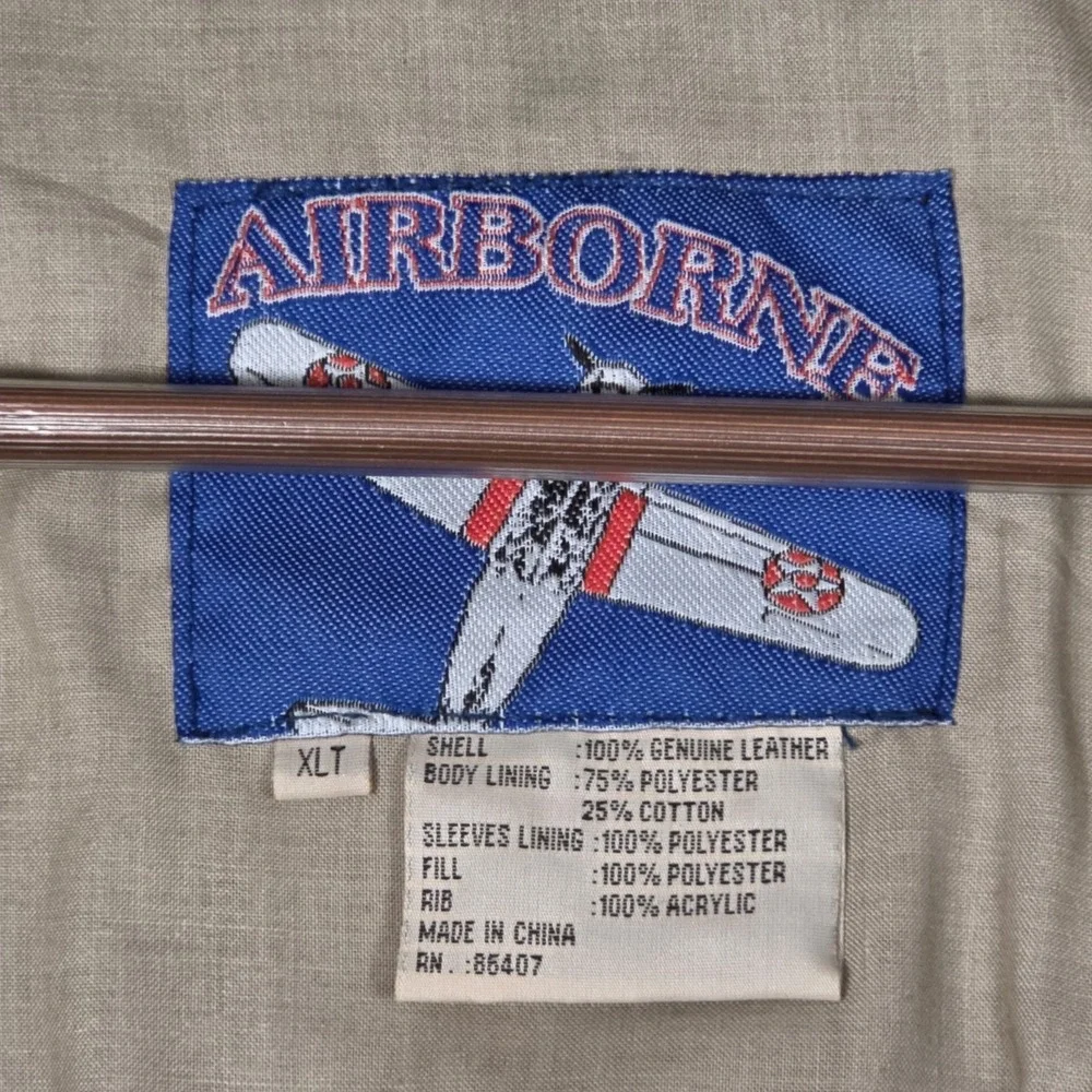 Vintage Airborne Brown Leather Bomber Flight Jacket Mens XLT American Flag Lined